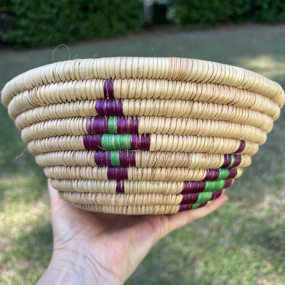 Vintage Handwoven Coil Basket Bowl Natural Fiber Purple Green Tribal Woven Decor
